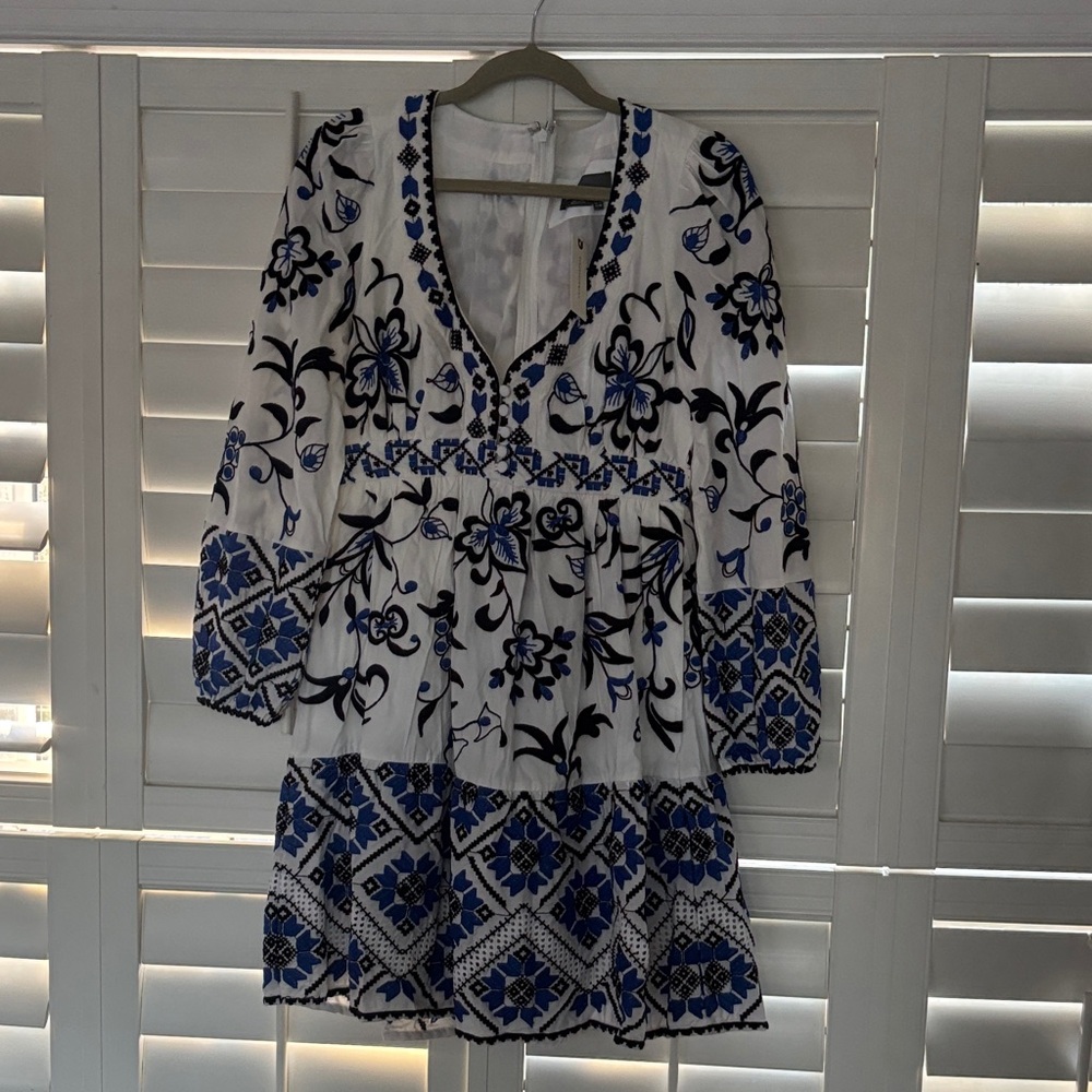 Anthropologie White Mini Dress with Blue & Black Floral Embroidery